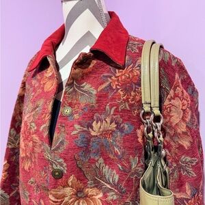 Floral Red Jacket with Beige Handbag